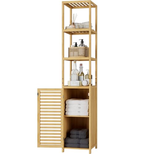 FOREHILL Hochschrank Badezimmerschrank Badregal aus Bambus schmales Badschrank Badmöbel mit 3 Ablagen Standregal für Bad, Küche, Flur 169x34x33cm Natur