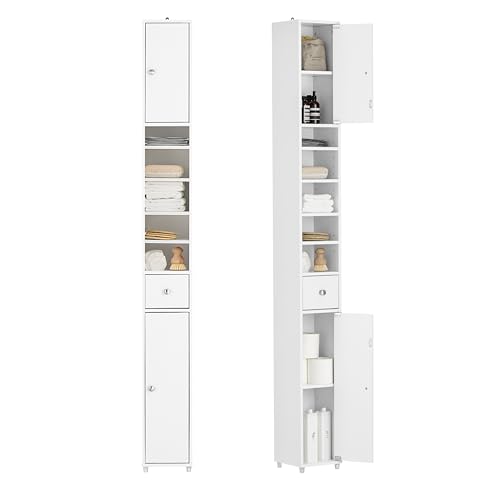 SoBuy BZR34 W Badezimmer Hochschrank 5 Fächern Badschrank 1 Schublade und Türen Badmöbel Weiß BHT ca: 20x180x20cm