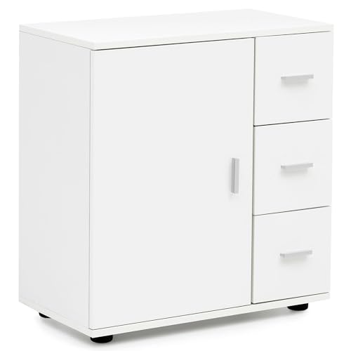 FineBuy Badschrank FB52416 Weiß 60x65,5x33 cm Midi-Schrank mit Tür & Schubladen, Kleiner Beistellschrank Matt, Badregal Schmal Freistehend Badezimmerkommode, Badmöbel Badezimmermöbel