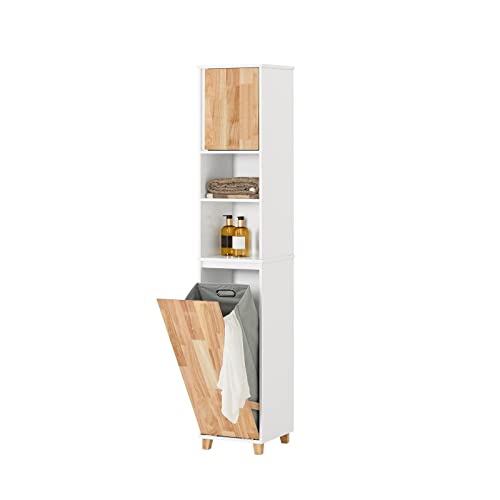 SoBuy BZR74-W Badezimmer Hochschrank mit ausklappbarem Wäschesack Badschrank Badregal Wäscheschrank Wäschetruhe Badmöbel Weiß-Natur BHT ca: 31x170x32cm