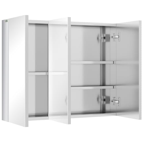 kleankin Spiegelschrank, Badezimmerschrank mit 5 Ablagen, Badschrank mit 3 Glastüren, Aufbewahrungsschrank, Hängeschrank, Wandschrank, Edelstahl, 70 x 12 x 55 cm, Silber