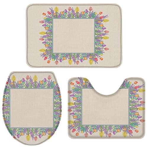 Badezimmer Vorleger 3-Teiliges Tulpe Lavendelblüten Blume Beige Badteppich-Set 3-Teilig Weiches Badvorleger Waschbar Badezimmer-Garnitur Für Schlafzimmer Badezimmer Wc