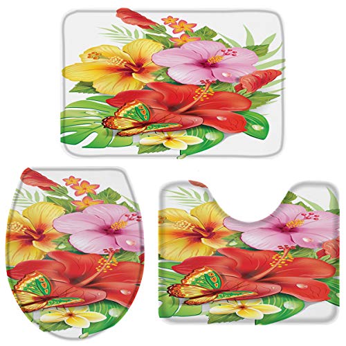 Badezimmer Vorleger 3-Teiliges Blühende Blumen Und Schmetterlinge Badteppich-Set 3-Teilig rutschfeste Badezimmer-Garnitur Waschbar Badvorleger Für Badezimmer Wc-Deckelbezug Wc