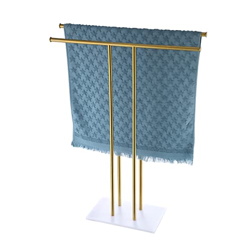 JQK Bath Towel Holder Stand Brushed Gold, 30 Inch Freistehend Double Towel Rack Shelf for Bathroom Floor, Light Gold, BTH100L30 WG