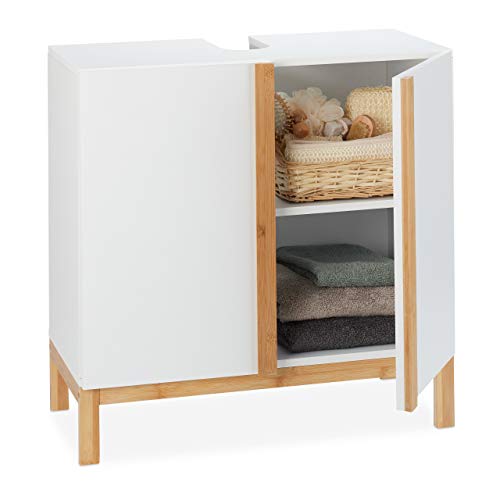 Relaxdays, Weiß Waschbeckenunterschrank, 2 Fächer, Badschrank MDF & Bambus, Waschbeckenschrank HBT 60,5x60x30,5cm, Natur