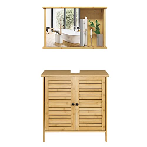 EUGAD Badezimmer Badmöbel Set Waschbeckenunterschrank Unterschrank Badezimmerschrank mit Spiegelschrank Hängeschrank für Bad Bambus Model 6