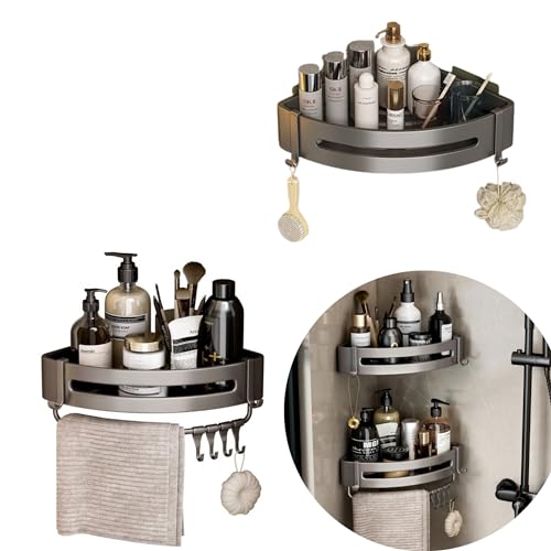 JIAZHOUHB 2PCS Badezimmerregale, dreieckiges Korb-Hängeregal, Nicht bohrendes Badezimmer-Organizer-Gest ell, Gun Grey Space Aluminium-Badezimmerregal , Badezimmer-Eckregal