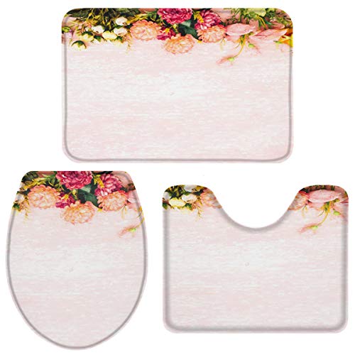 Badezimmer Vorleger 3-Teiliges Aquarellblume Badteppich-Set 3-Teilig Weiches Badezimmer-Garnitur Waschbar Badvorleger Für Schlafzimmer Wc Badezimmer