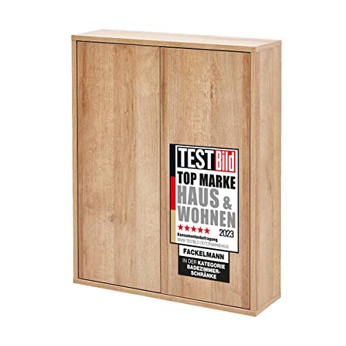 FACKELMANN Finn Hängeschrank (60 x 75 x 20,5 cm) – Wandschrank hängend mit 2 Einlegeböden aus Glas – Badschrank mit Türen aus Holz in Eichenoptik