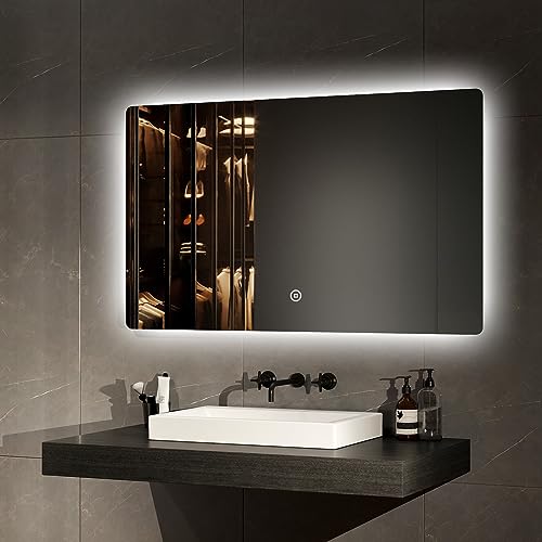 EMKE LED Badspiegel 100x60cm Badezimmerspiegel mit Beleuchtung mit Touchschalter+3 Lichtfarbe Dimmbar, 3 Stunden automatische Abschaltung Wandspiegel hinterleuchtet