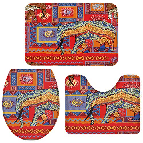 Wc Vorleger Set 3 Teilig Afrikanischer Ethnischer Dekorativer Bunter Elefant Badteppich-Set 3-Teilig Moderne Kunst Badezimmer-Garnitur rutschfeste Badvorleger Für Wc Schlafzimmer Badezimmer