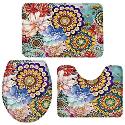 Badezimmer Vorleger 3-Teiliges Böhmische Blumen-Mandala-Blumenpfla nze Badteppich-Set 3-Teilig Moderne Kunst Badezimmer-Garnitur rutschfeste Badvorleger Für Badezimmer Wc Schlafzimmer