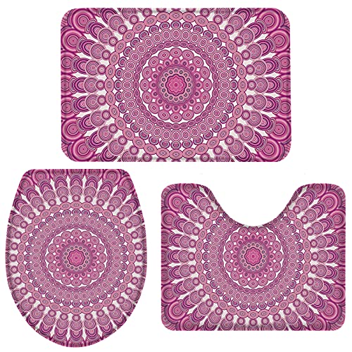 Badezimmer Vorleger 3-Teiliges Rosa-Lila Mandala-Geometrische Blume Wc Vorleger Set 3 Teilig Weiches Badvorleger Waschbar Badezimmer-Garnitur Für Wc Wc-Deckelbezug Schlafzimmer