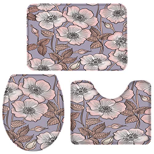 Badteppich-Set 3-Teilig Blühende Rosa Blumen Badezimmer Vorleger 3-Teiliges Moderne Kunst Badezimmer-Garnitur Weiches Badvorleger Für Schlafzimmer Wc Badezimmer