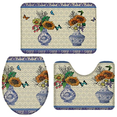 Wc Vorleger Set 3 Teilig Porzellan Sonnenblumen Schmetterling Retro Beige Badezimmer Vorleger 3-Teiliges Moderne Kunst Badvorleger rutschfeste Badezimmer-Garnitur Für Badezimmer Wc Schlafzimmer